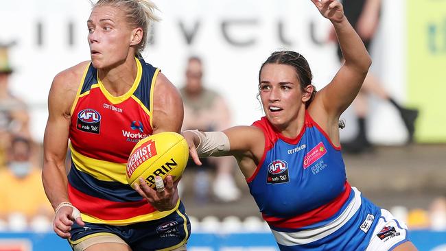 Erin Phillips breaks away from Elisabeth Georgostathis. Picture: AFL Photos via Getty Images