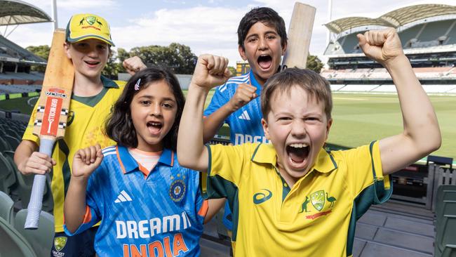 Cricket fans Callum, 10, Nityaa, 8, Sheryar, 11 and Kees, 8 getting ready for the Australia vs. India test match at Adelaide oval. Picture: Kelly Barnes