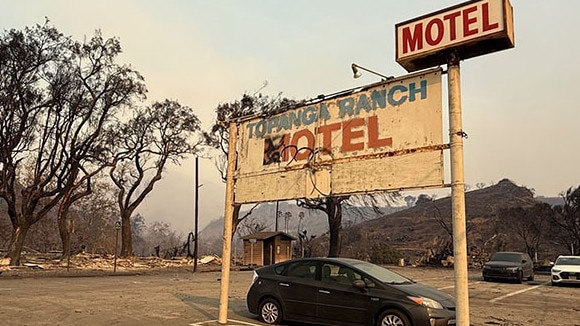 Top and bottom right: The fire aftermath of the historic Topanga Ranch Motel. Photos taken on Jan. 8, 2025, by California State Parks. Bottom left: The Topanga Ranch Motel before the Palisades Fire. Photos from California State Parks.