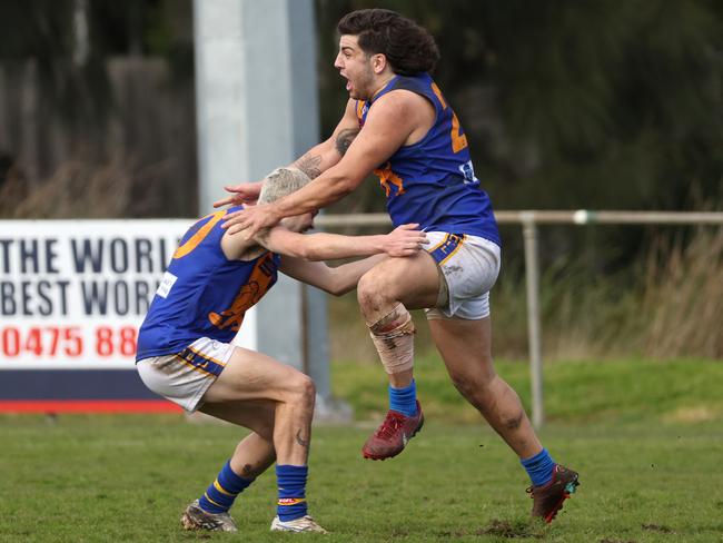 EDFL: Taylors Lakes’ Bowey Larizza celebrates his match-winning goal. Picture: Hamish Blair