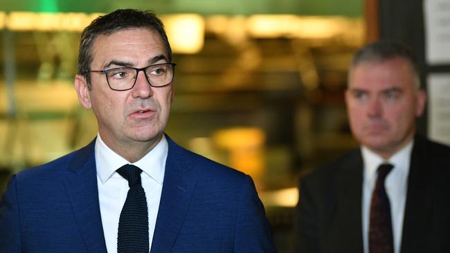 South Australian Premier Steven Marshall and Health Minister Stephen Wade at Amalfi Restaurant in Adelaide on Friday. Picture: David Mariuz/AAP