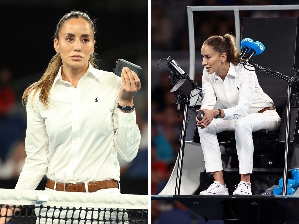 Tennis chair umpire Marijana Veljovic is a head turner. Pictures: Michael Klein/News Corp; Darrian Traynor/Getty Images