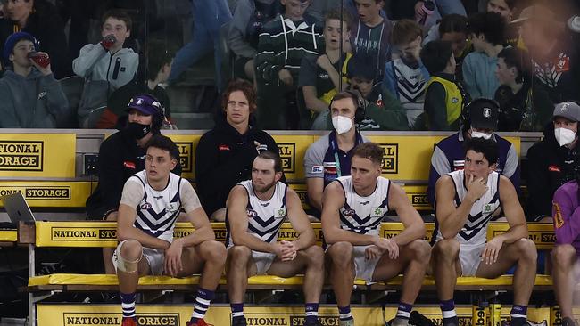 Nat Fyfe of the Dockers looks on from the bench. Picture: Darrian Traynor/Getty Images