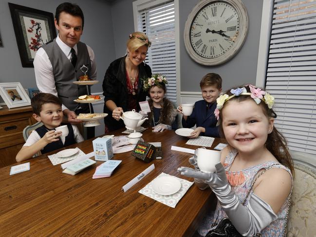 Samantha Taylor has introduced Perfectly Posh Fridays in her home to improve her children’s spelling through exposure to conversation and oral language awareness. Ms Taylor is with husband Stuart Taylor and children Oscar, 10, Bella, 4, Charlie, 7, and Jazmine, 8. Picture: Alex Coppel.