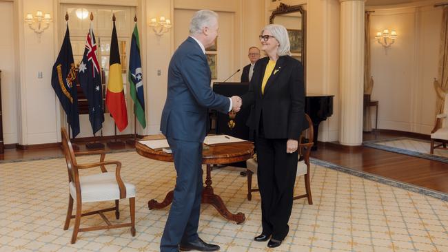 Home Affairs and Immigration Minister Tony Burke is pictured with Australian Governor-General Sam Mostyn, during the Federal ministry swearing in ceremony at Government House in Canberra. Picture: NewsWire