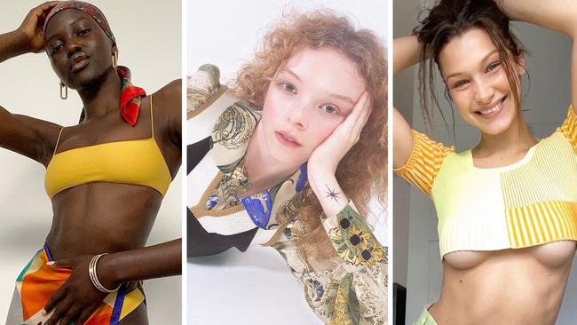 Adut Akech, Lily Nova and Bella Hadid pose in virtual shoots. Pictures: Instagram, Vogue Australia