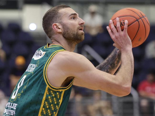 GOLD COAST, AUSTRALIA - SEPTEMBER 21: Jack McVeigh of the JackJumpers shoots during the 2023 NBL Blitz match between Tasmania JackJumpers v Adelaide 36ers at Gold Coast Convention and Exhibition Centre on September 21, 2023 in Gold Coast, Australia. (Photo by Russell Freeman/Getty Images for NBL)