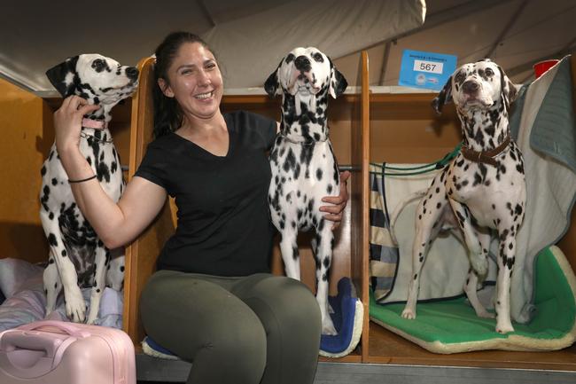 Alicia Janonis with dalmations (from left) Maddie, Enzo, and Joker. Picture: Dean Martin