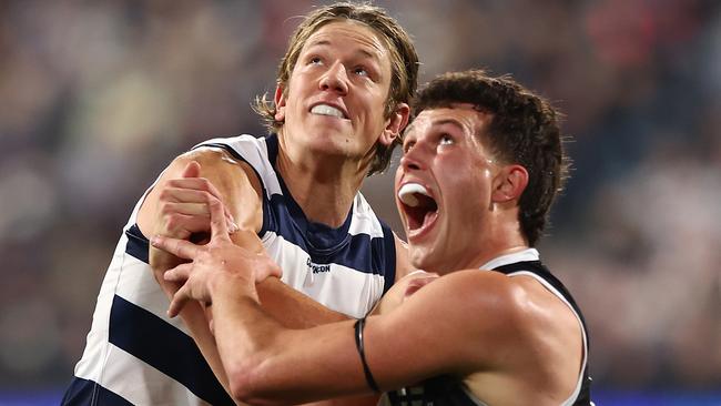 Rhys Stanley has proven some doubters wrong after playing a part in the Cats’ premiership win. Picture: Graham Denholm/AFL Photos via Getty Images