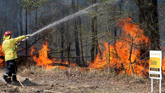 Firefighters from the NSW RFS and the ACT RFS battle a fire whipped up by a strong winds near houses at Telegraph Point on the NSW mid north coast. Picture: Nathan Edwards.