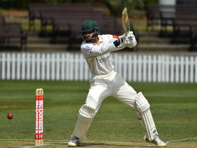 Randwick Petersham's Jason Sangha at the crease against Mosman in the second game of round 2 at Petersham Oval in Petersham, Sydney, Saturday, Oct. 7, 2017. (AAP Image/Joel Carrett)