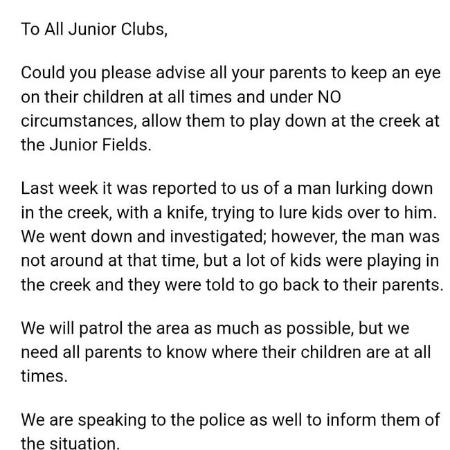 An email sent by GDRL Secretary Wendy Deacon warned all junior clubs of an alleged incident and that police had been approached. Picture: Supplied