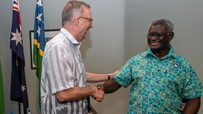 Anthony Albanese greets Solomon Islands Prime Minister Manasseh Sogavare at the Pacific Islands Forum in Fiji in July. Picture: AFP