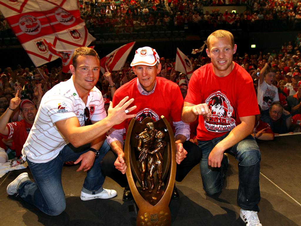 Wayne Bennett, Dean Young and Ben Hornby and the 2010 NRL premiership trophy. Picture: Gregg Porteous