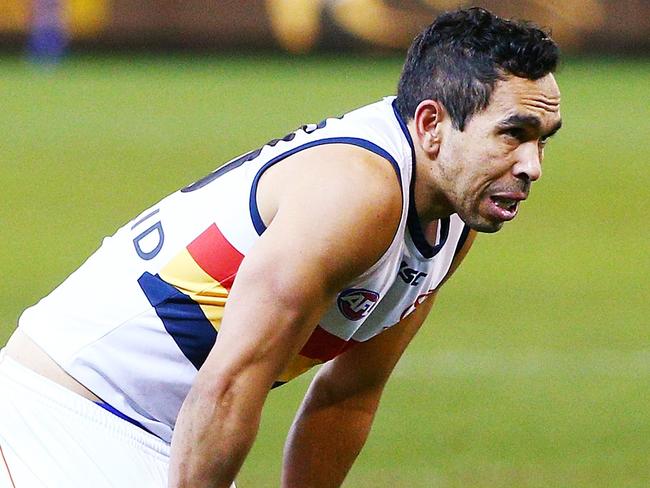 MELBOURNE, AUSTRALIA - JUNE 16:  Eddie Betts of the Crows looks dejected after defeat during the round 13 AFL match between the Hawthorn Hawks and the Adelaide Crows at Melbourne Cricket Ground on June 16, 2018 in Melbourne, Australia.  (Photo by Michael Dodge/Getty Images)