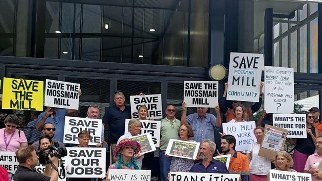 About 50 Mossman and Douglas Shire residents held a demonstration out the front of a community cabinet meeting in Cairns last month, advocating for the government to step in and offer the Mossman mill a lifeline. It prompted Premier Steven Miles to announce a $12.1m package. Picture: Supplied