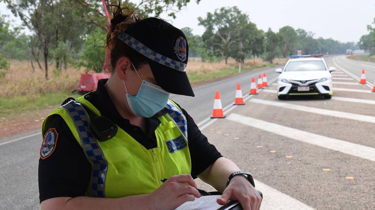 NT Police at the southern border control point in Katherine. Picture: Amanda Parkinson