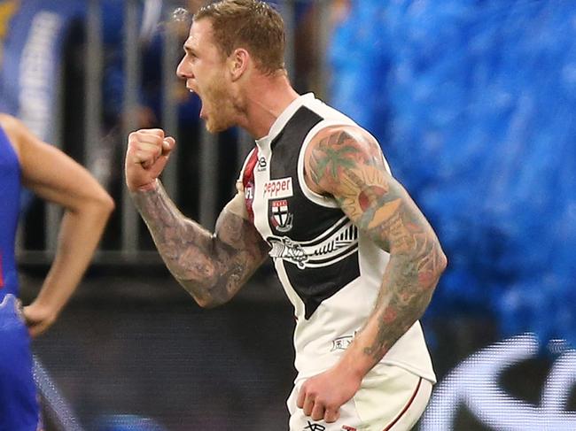 PERTH, AUSTRALIA - JUNE 02: Tim Membrey of the Saints celebrates a goal during the round 11 AFL match between the West Coast Eagles and the St Kilda Saints at Optus Stadium on June 2, 2018 in Perth, Australia.  (Photo by Paul Kane/Getty Images)