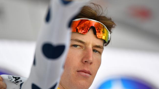 King of the Mountain Classification leader Jarrad Drizners is seen on the podium after stage one of the Tour Down Under from Tanunda to Tanunda. Picture: AAP Image/David Mariuz.