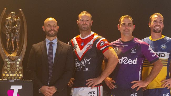 NRL Chief Executive Todd Greenberg at a captains team photo with Boyd Cordner of the Sydney Roosters, Cameron Smith of the Melbourne Storm and Clint Gutherson of the Parramatta Eels.