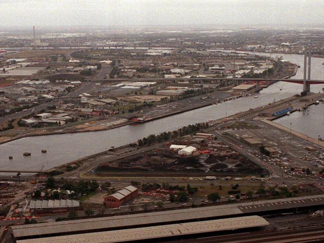 Aerial view of Melbourne Docklands site in February 2000 where Mirvac had planned to build apartment development. Picture: HWT Library.