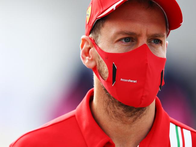 PORTIMAO, PORTUGAL - OCTOBER 23: Sebastian Vettel of Germany and Ferrari looks on in the Paddock before practice ahead of the F1 Grand Prix of Portugal at Autodromo Internacional do Algarve on October 23, 2020 in Portimao, Portugal. (Photo by Mark Thompson/Getty Images)