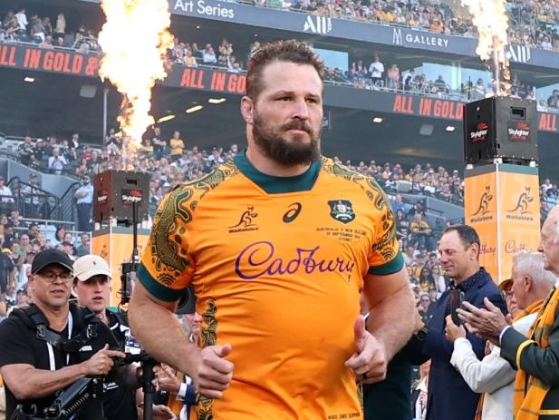 SYDNEY, AUSTRALIA - SEPTEMBER 21: James Slipper of the Wallabies leads the team out ahead of The Rugby Championship & Bledisloe Cup match between Australia Wallabies and New Zealand All Blacks at Accor Stadium on September 21, 2024 in Sydney, Australia. (Photo by Cameron Spencer/Getty Images)