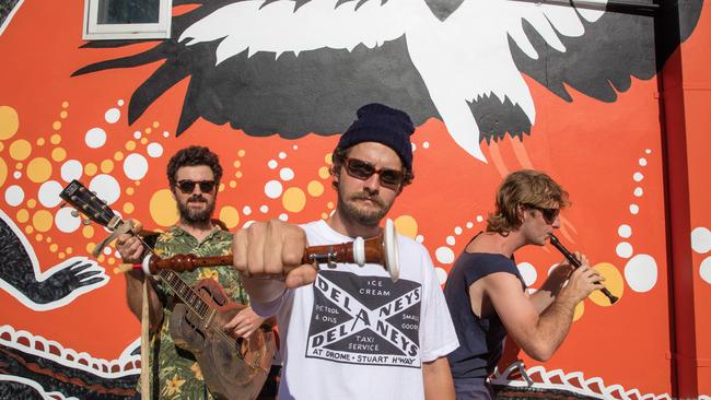 The boys from Double Dinghy, Kurt Bartlett, Alex James and Finn Williams have launched their debut album, Hell North and Crooked. Picture: Glenn Campbell