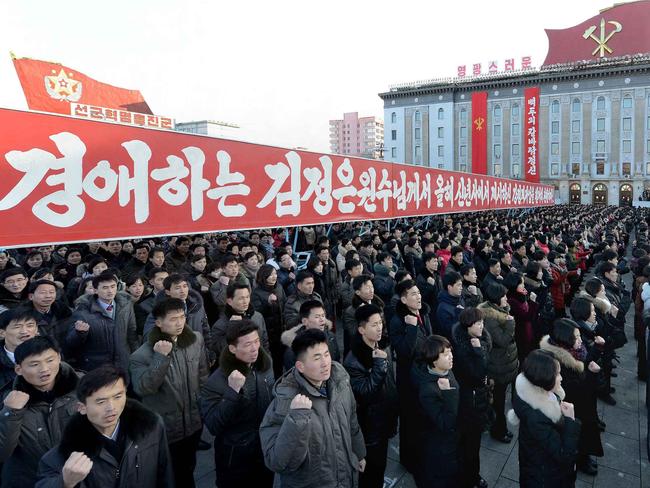 Ready for war ... a mass rally in response North Korean leader Kim Jong-un in Pyongyang. Picture: AFP