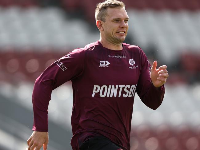 Tom Trbojevic of the Sea Eagles performs drills during a Manly Sea Eagles NRL training session. Picture: Matt King/Getty Images