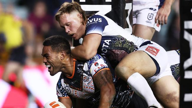 SYDNEY, AUSTRALIA - MAY 20:  Joe Ofahengaue of the Tigers celebrates scoring a try during the round 12 NRL match between Wests Tigers and North Queensland Cowboys at Leichhardt Oval on May 20, 2023 in Sydney, Australia. (Photo by Matt King/Getty Images)