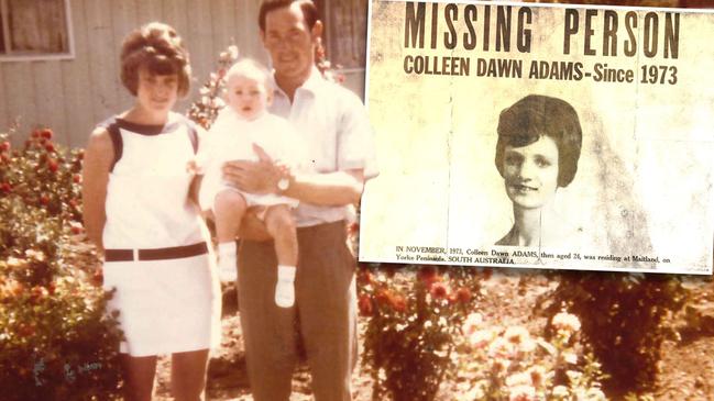 Colleen Adams inset web pics Colleen Adams with husband Geoffrey and a child. Picture: Supplied. Inset: A missing person poster.