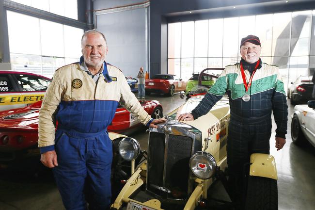 SUNTAS: Targa Tasmania finish. Winning their catagory in a 1938 Dodge Speedster, the oldest car in Targa, is (L-R) Wayne Clark and Trevor Berriman. Picture: MATT THOMPSON.