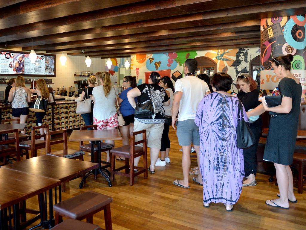 Customers line up for the final day of trading at a Max Brenner cafe in Townsville. Picture: Supplied