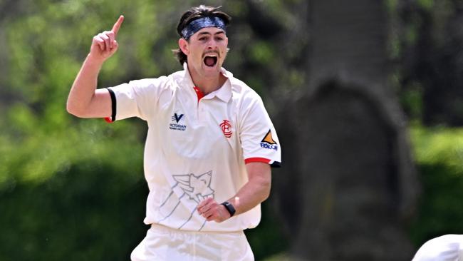 Cam McClure celebrates a wicket for Essendon. Picture: Andy Brownbill