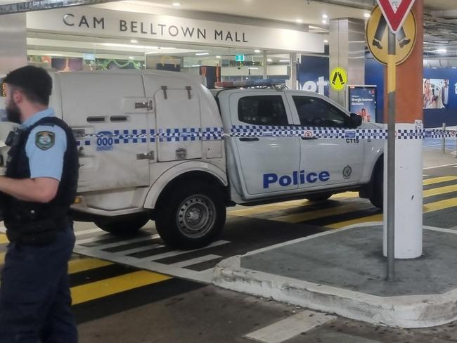 Police tape off Campbelltown mall carpark to investigate potential bomb threat. Picture: Daniel Cope