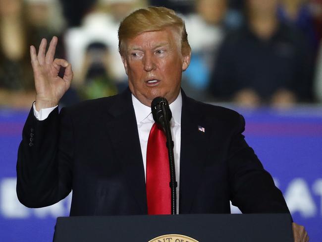 US President Donald Trump told a rally in Washington, Michigan that he though the Correspondents’ dinner in Washington DC was “phony”. Picture: AP Photo