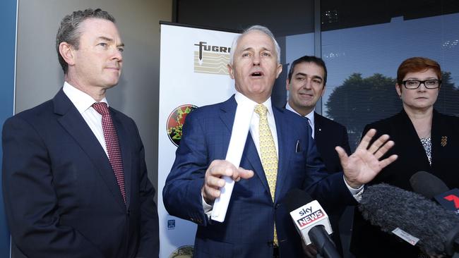 Prime Minister Malcolm Turnbull, with SA federal MP Christopher Pyne, state opposition leader Steven Marshall and Defence Minister Marise Payne at Fugro LADS Corporation in Adelaide today. Pic: Kelly Barnes