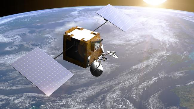 A 3D rendered image of a small OneWeb satellite in orbit.