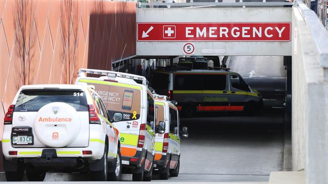 Ambulances ramped at the Royal Hobart Hospital. Picture: LUKE BOWDEN