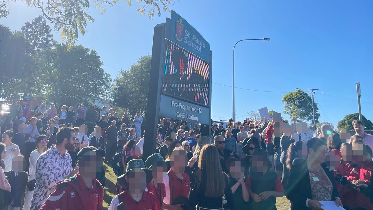 A number of students and parents protested at St Paul's School on Friday morning. Picture: Supplied