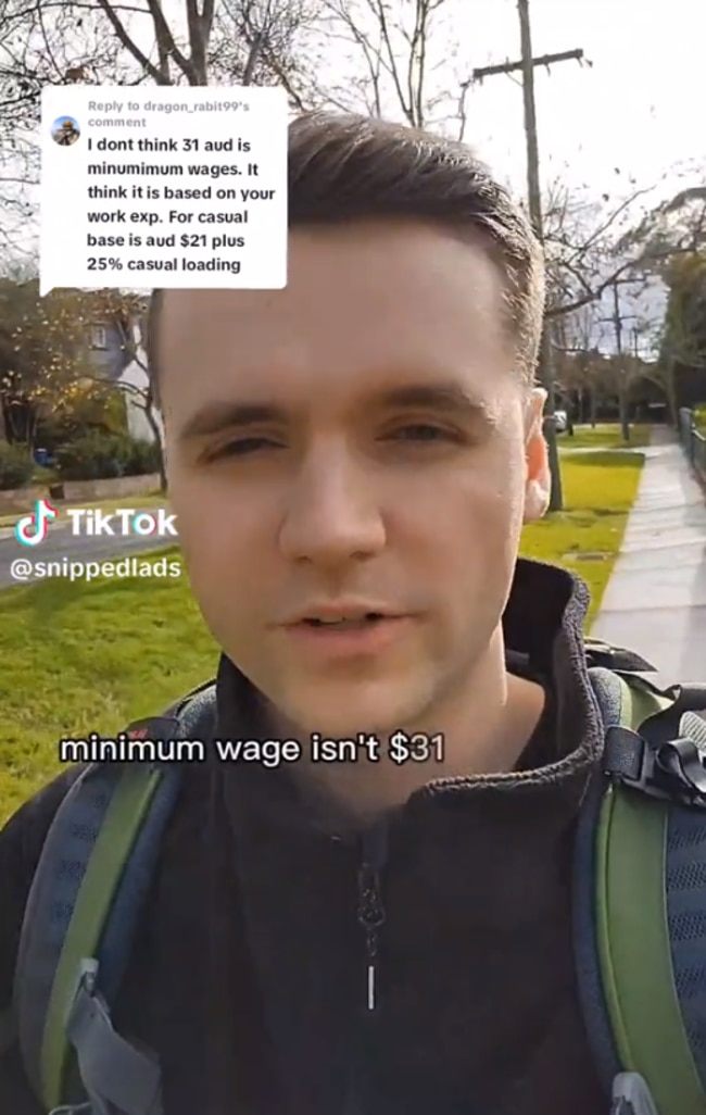 In another clip he clarified the Aussie minimum age and explained why it’s a lot higher in Australia. Picture: TikTok/snippedlads