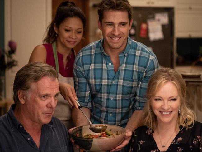 Hugh Sheridan Erik Thomson, HaiHa Le, and Rebecca Gibney in Back to the Rafters. Picture Brook Rushton