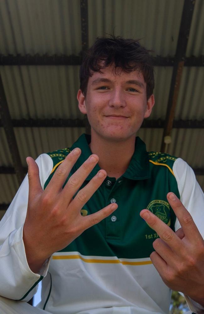 Will Mortimer after taking seven wickets for St Patrick's College.