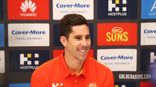 Michael Rischitelli speaks to media after announcing his retirement during a Gold Coast Suns AFL press conference on August 20, 2019 in Gold Coast, Australia. (Photo by Chris Hyde/AFL Photos/via Getty Images)