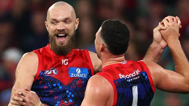 MELBOURNE, AUSTRALIA - MAY 26: Steven May of the Demons is congratulated by Max Gawn after kicking a goal during the round 11 AFL match between Narrm (the Melbourne Demons) v Euro-Yroke (the St Kilda Saints) at Melbourne Cricket Ground, on May 26, 2024, in Melbourne, Australia. (Photo by Quinn Rooney/Getty Images)