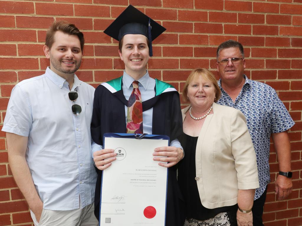 Graduate Blair Docking with Ben Depetro and Kathy and Mark Docking. Picture: Mark Wilson