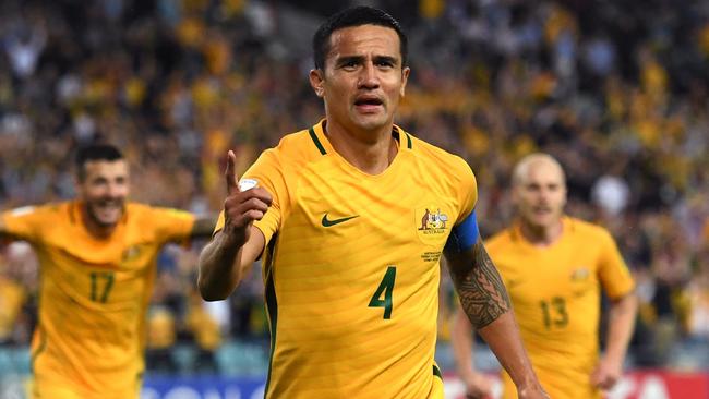 Tim Cahill celebrates scoring the winning goal against Syria.