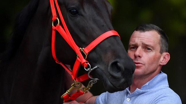 Trainer Adam Trinder poses with Cox Plate contender Mystic Journey during a media call at Flemington Racecourse in Melbourne. Image/Vince Caligiuri