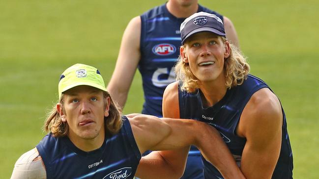 Rhys Stanley and Sam De Koning at Geelong training. Picture: Alison Wynd